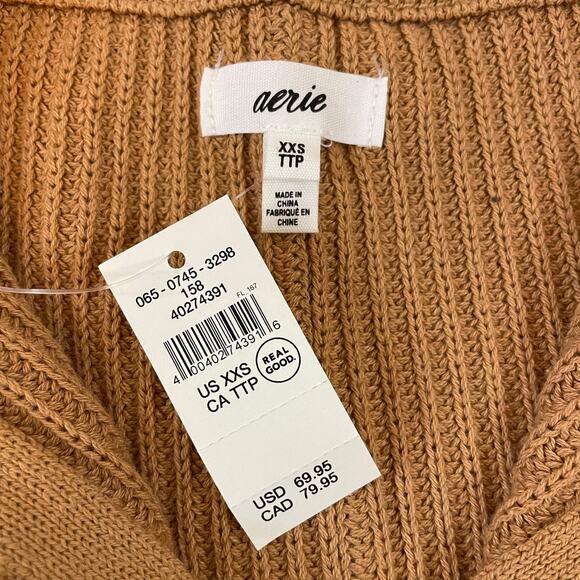 Aerie Oversized Ribbed Half Zip Sweater Tan Cotton Knit NWT XXS - Picture 3 of 11